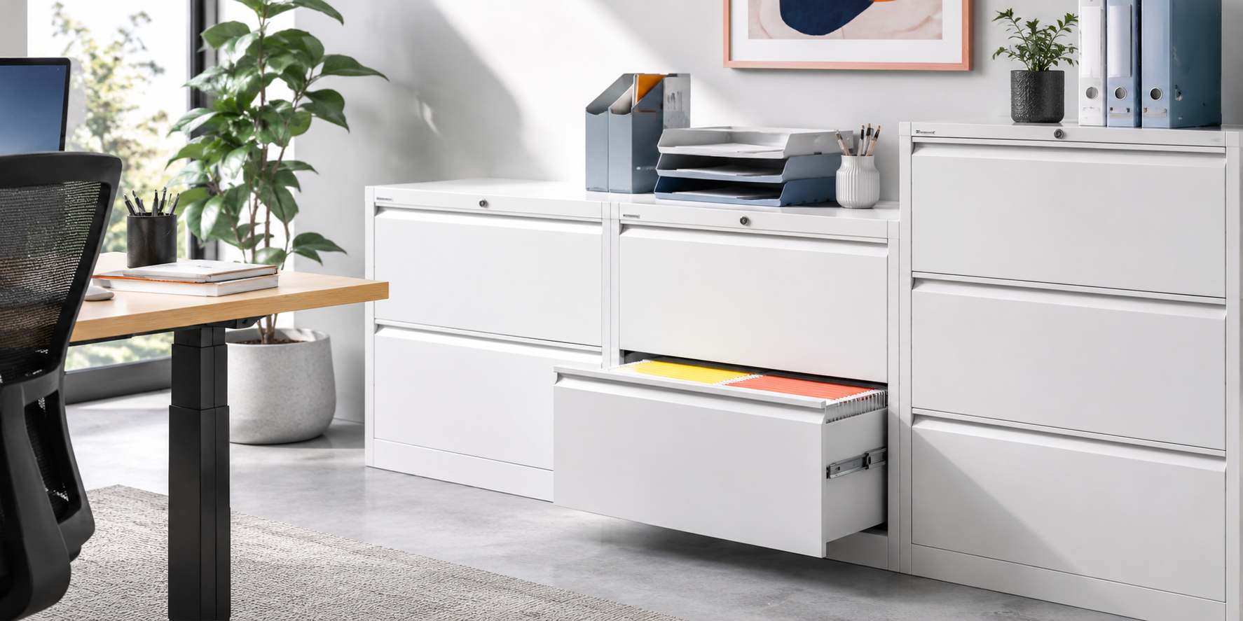 Premium office records area with white filing cabinets, organised folders, desk accessories and natural light.