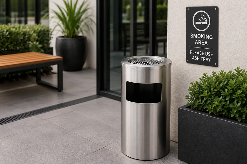 Stainless steel outdoor ashtray in a designated smoking area near a modern building entrance with signage and greenery.