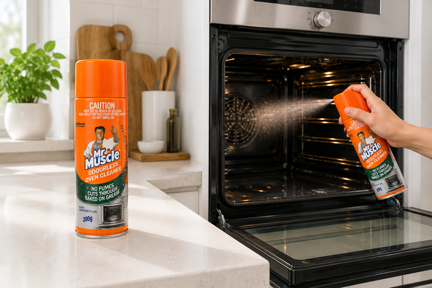 Oven cleaner being sprayed inside an open oven in a bright modern kitchen with a second cleaner can on the bench.