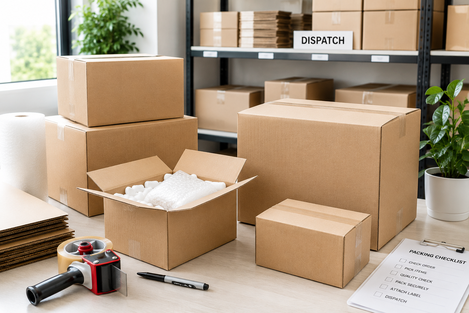 Packing cartons arranged in a bright dispatch station with protective packaging, tape, marker and packing checklist.