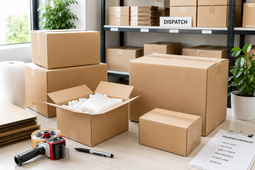 Packing cartons arranged in a bright dispatch station with protective packaging, tape, marker and packing checklist.