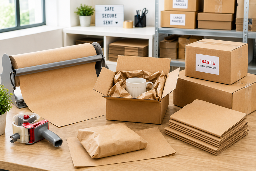 Packing kraft paper roll and dispenser shown in a bright dispatch workstation with cartons, wrapped parcels, tape and protective paper fill.