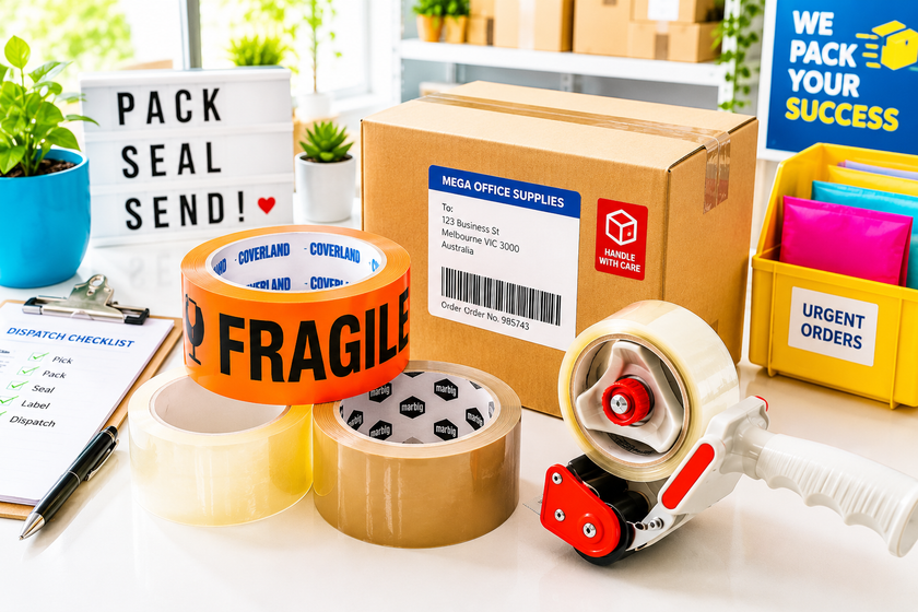 Packing tapes displayed at a bright dispatch station with cartons, fragile tape, tape dispenser and shipping supplies for parcel sealing.