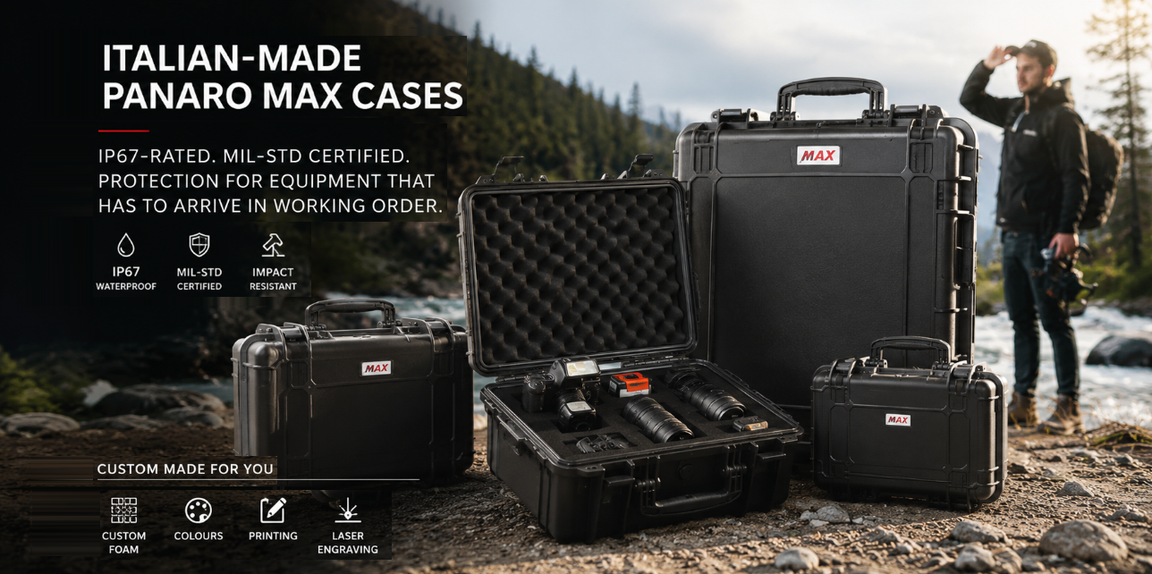 Panaro MAX waterproof protective equipment cases with custom foam displayed in a rugged outdoor work environment.