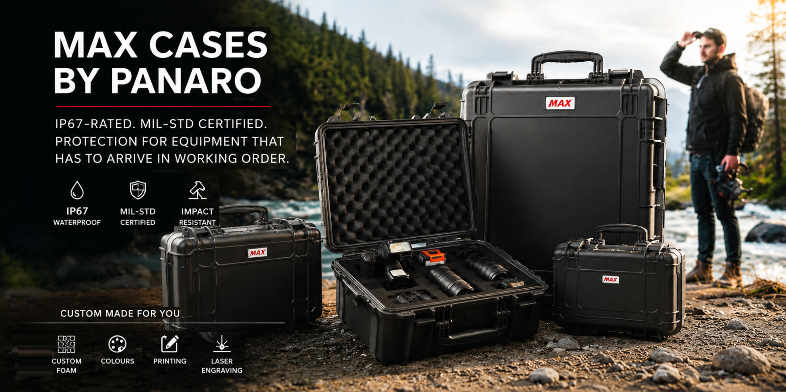Panaro MAX waterproof protective equipment cases with custom foam displayed in a rugged outdoor work environment.