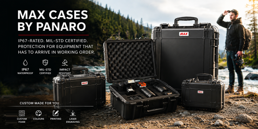 Panaro MAX waterproof protective equipment cases with custom foam displayed in a rugged outdoor work environment.