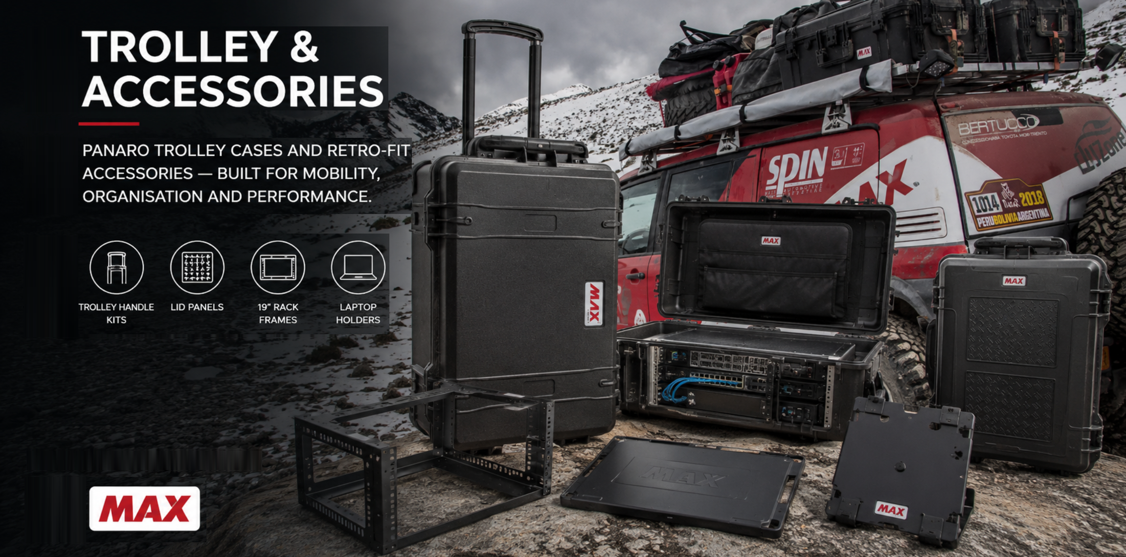Panaro trolley cases with handle kits, rack frames, lid panels and laptop holders displayed in a rugged field equipment setting.