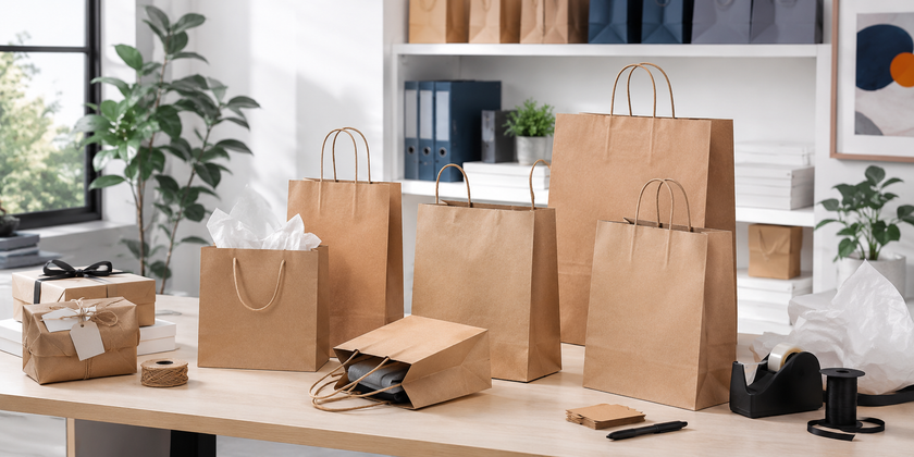 Retail packing bench with assorted brown paper bags, tissue paper, tags, ribbon and gift packaging supplies.