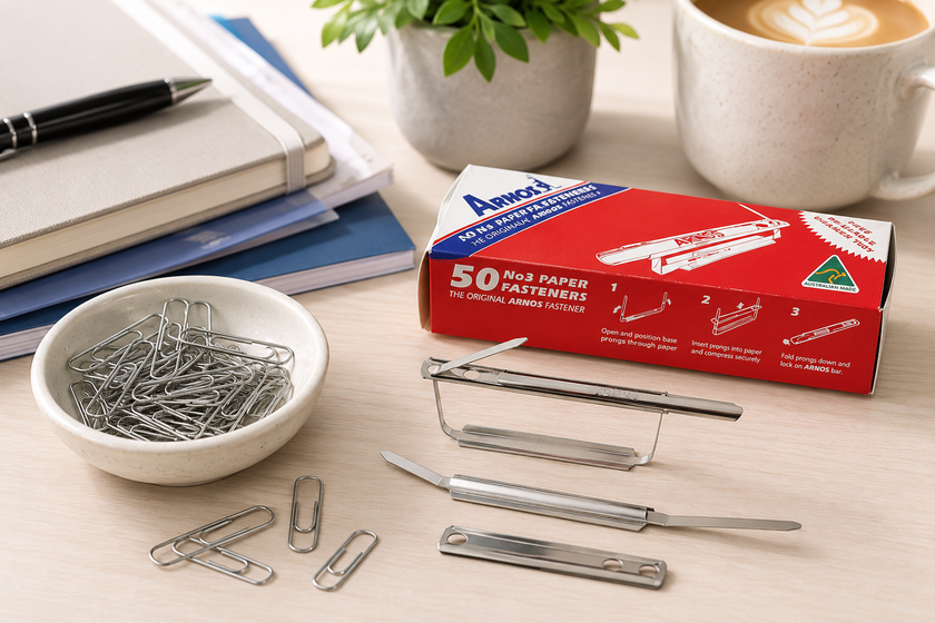 Paper clips and Arnos paper fasteners arranged on a light timber office desk beside notebooks, stationery and coffee.
