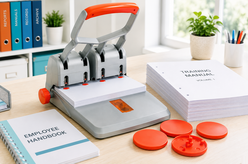  Paper drill punch with orange accessories preparing training manuals in a bright modern printroom workspace.