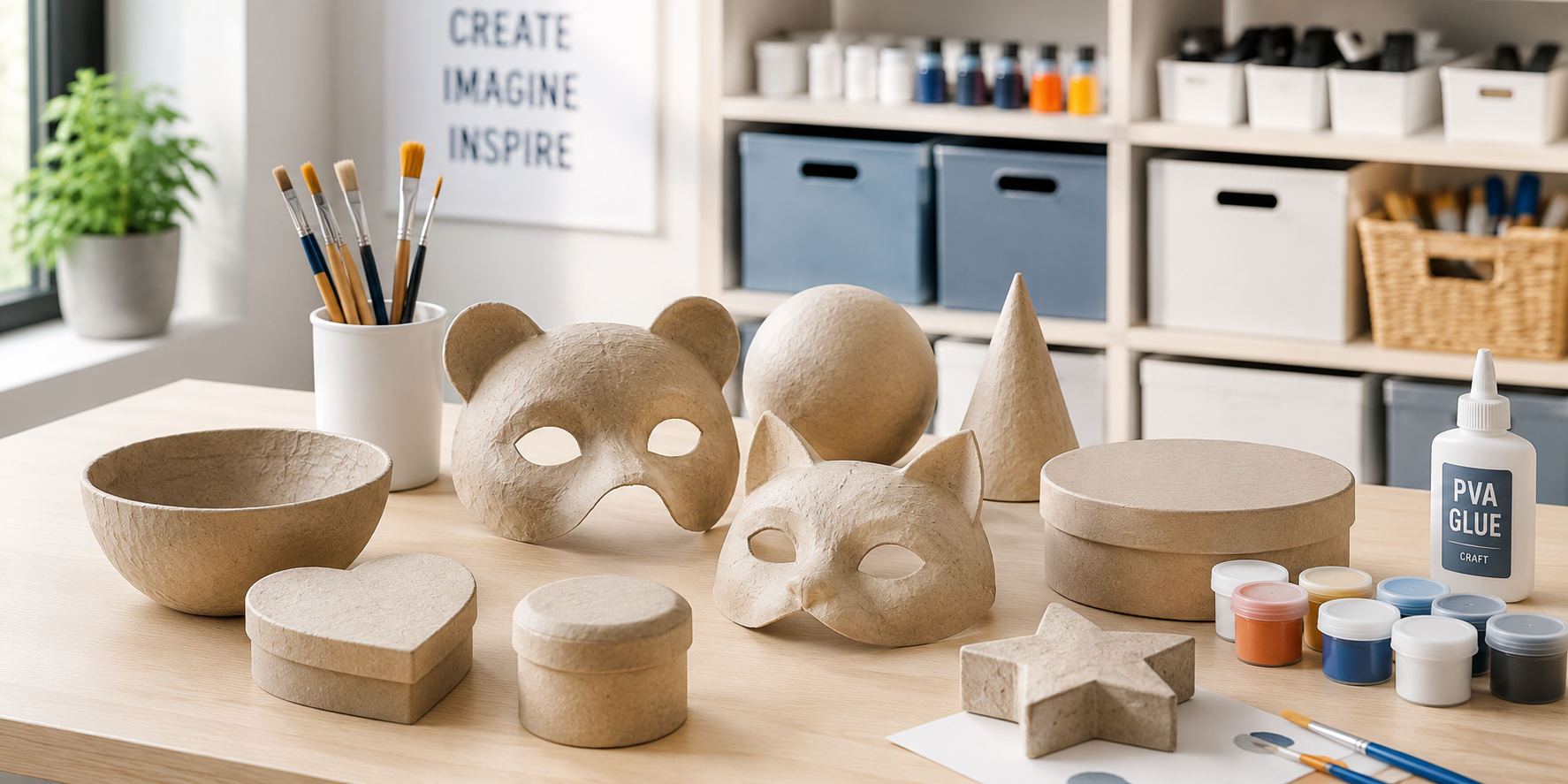 Classroom craft workspace with paper mache masks, boxes, shapes, brushes, paints and glue ready for decorating.