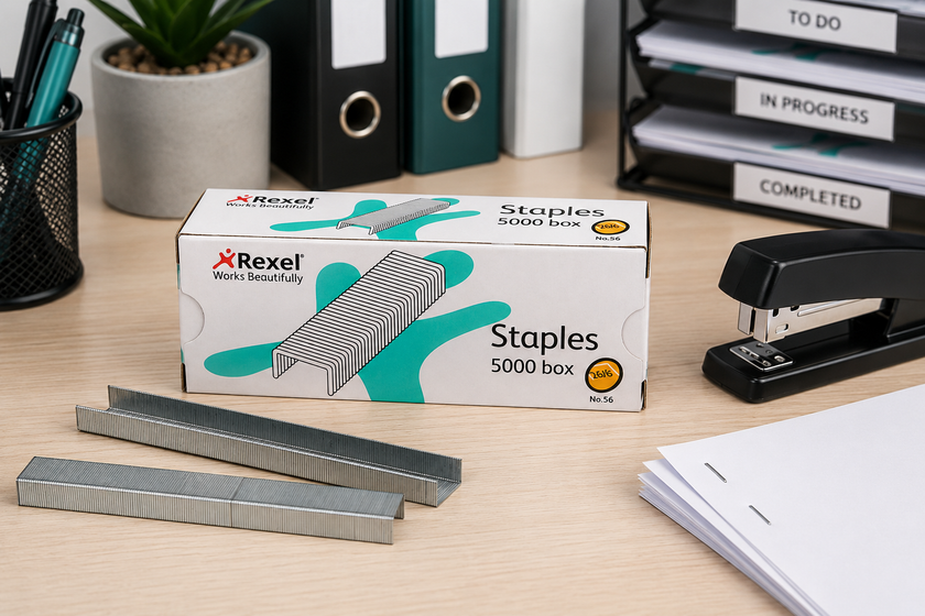 Paper staples displayed on a tidy office admin desk with a stapler, stacked documents, filing trays and stationery supplies.