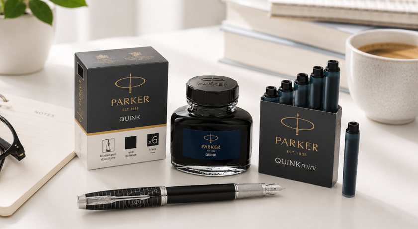 Parker fountain pen with bottled ink and refill cartridges arranged on a bright professional desk with coffee and stationery.