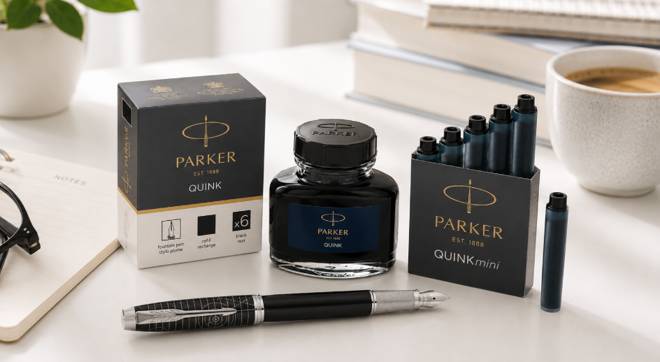 Parker fountain pen with bottled ink and refill cartridges arranged on a bright professional desk with coffee and stationery.