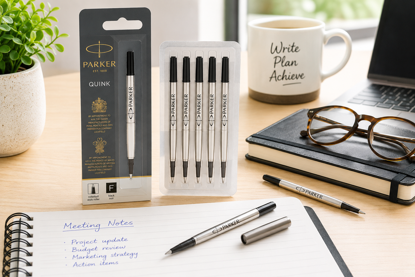 Parker rollerball pen refills displayed with a notebook, premium pen and office desk accessories for smooth everyday writing.
