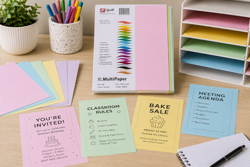 Pastel A4 coloured paper on a bright workspace with printed classroom notices, meeting agenda sheets, markers and paper storage trays.
