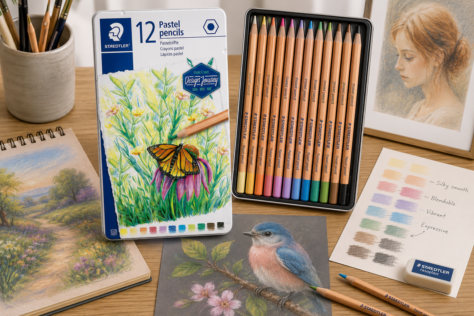 Pastel pencils arranged on a bright artist workspace with a pencil tin, colour swatches, sketchbook and detailed artwork for controlled shading and creative drawing.