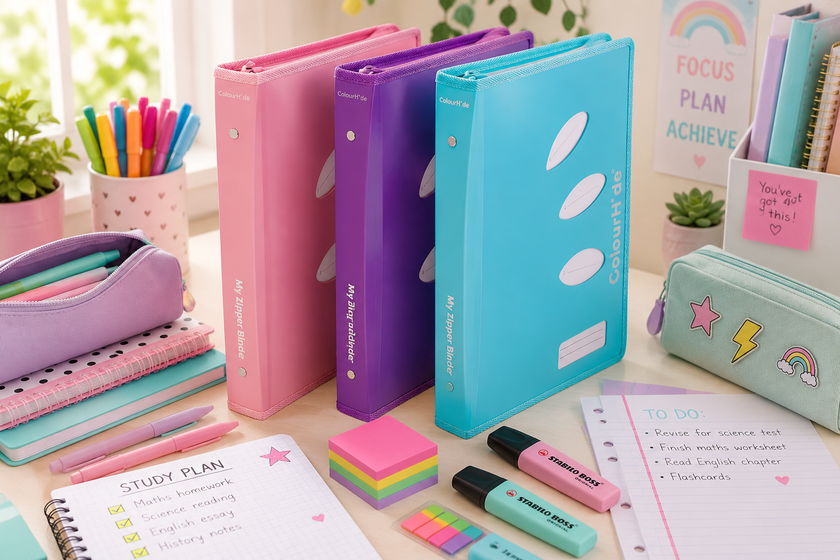 Colourful zipper binders, pencil cases, refills and student stationery arranged on a bright study desk.