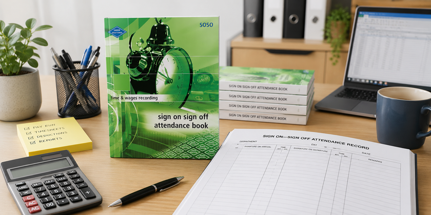 Payroll record books and sign on attendance sheets arranged on a tidy office administration desk with calculator and business stationery.