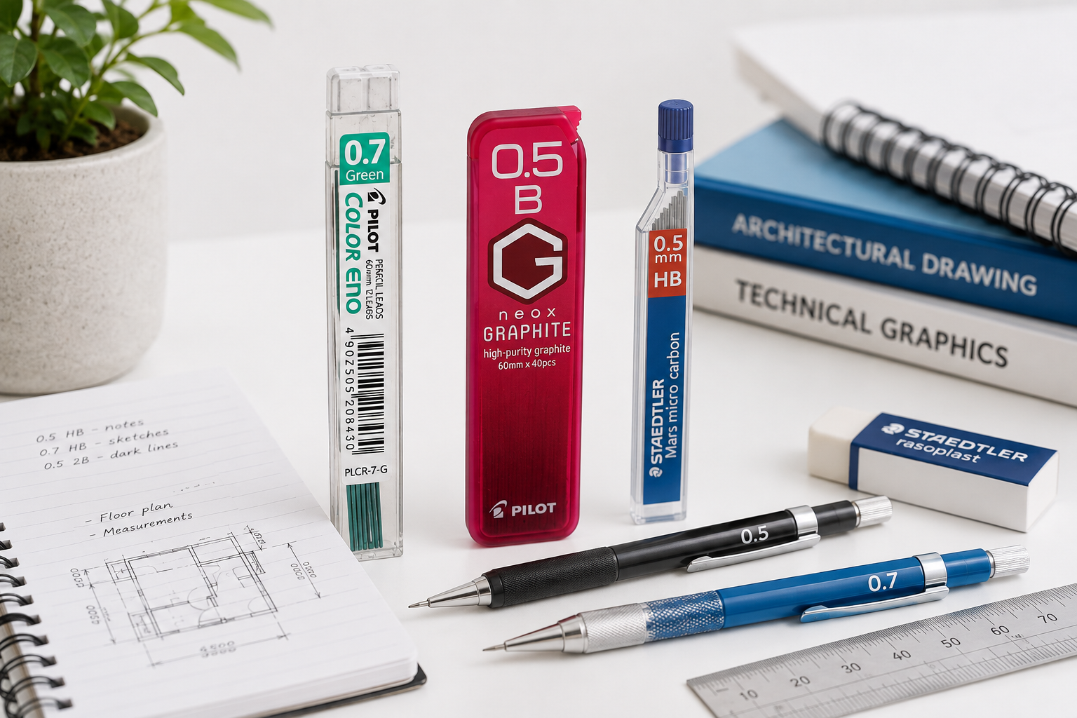 Mechanical pencil lead refills with pencils and technical drawings on a bright white workspace.