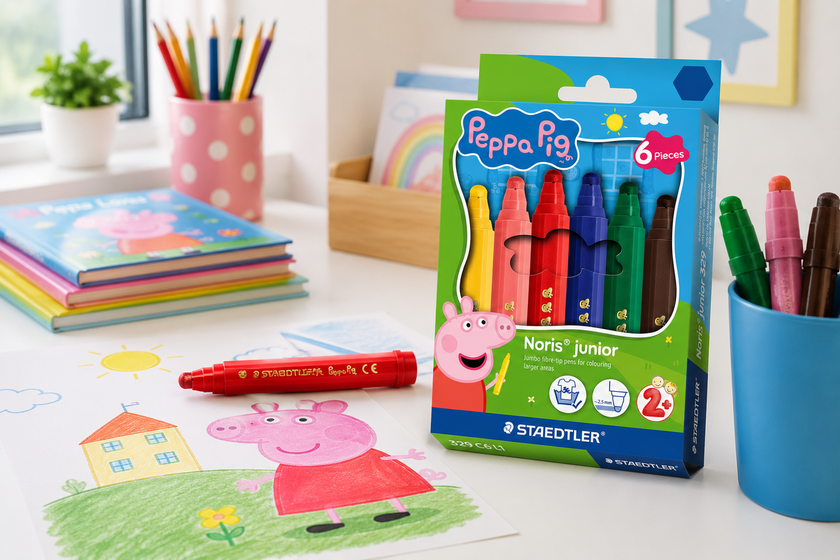 Peppa Pig Staedtler Noris junior colouring markers displayed with children’s artwork in a bright early learning activity space.