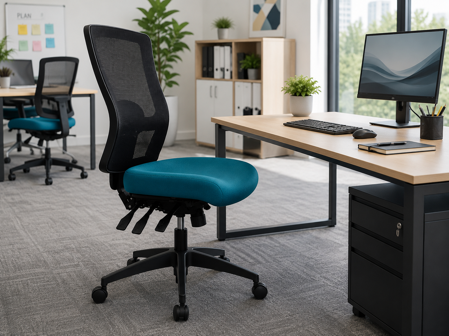 Performance chair with teal seat and black mesh back in a bright modern office workstation setting.