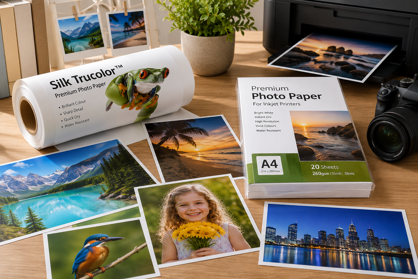 hoto printing paper on a bright studio workspace with printed photographs, an inkjet printer, camera and presentation materials.