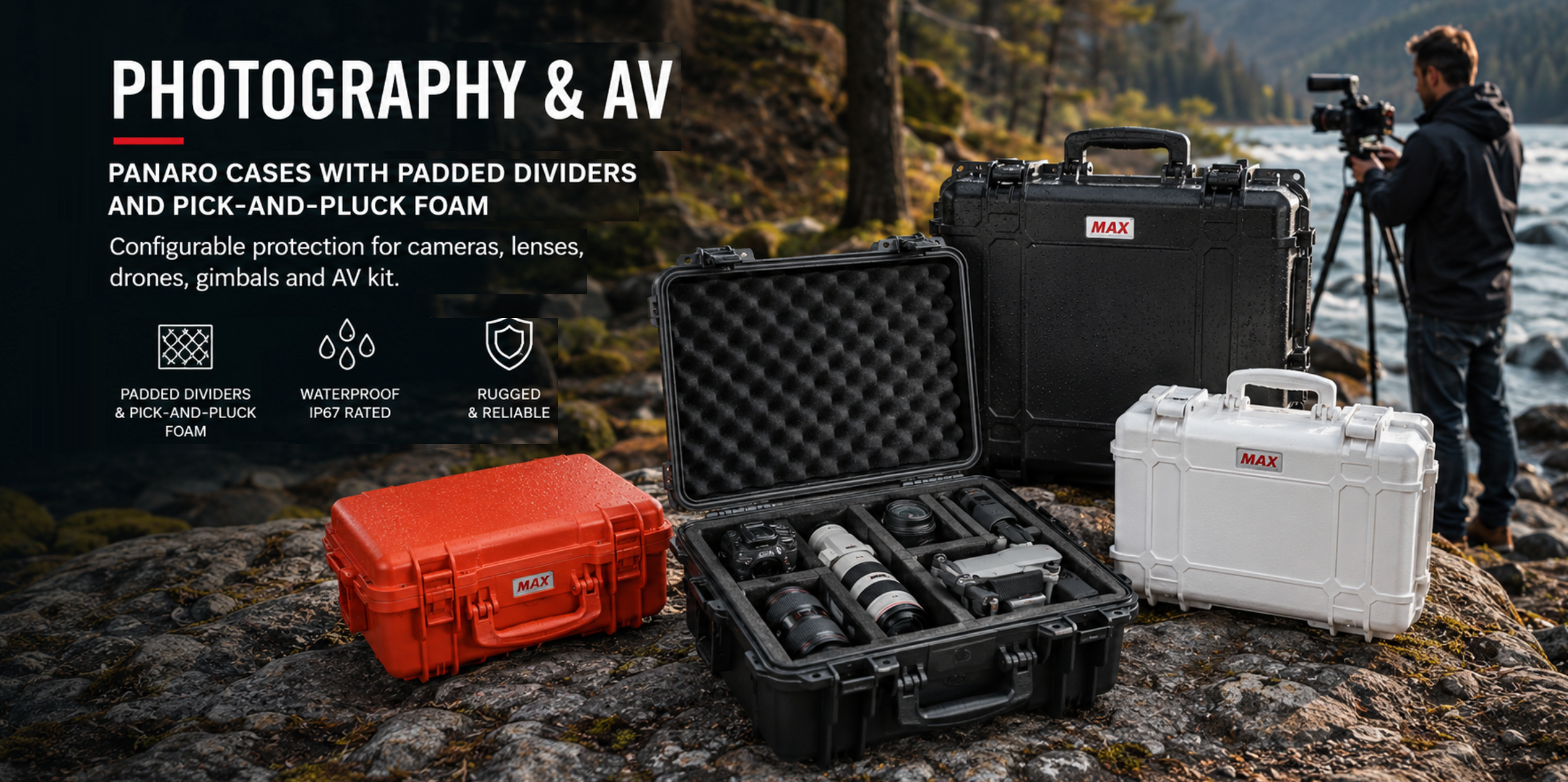 Panaro protective cases with padded dividers securing cameras, lenses, drones and AV equipment in a rugged outdoor production setting.