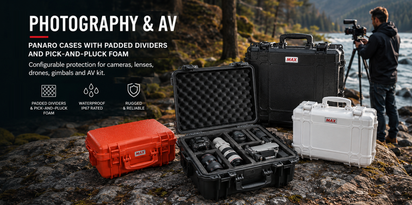 Panaro protective cases with padded dividers securing cameras, lenses, drones and AV equipment in a rugged outdoor production setting.