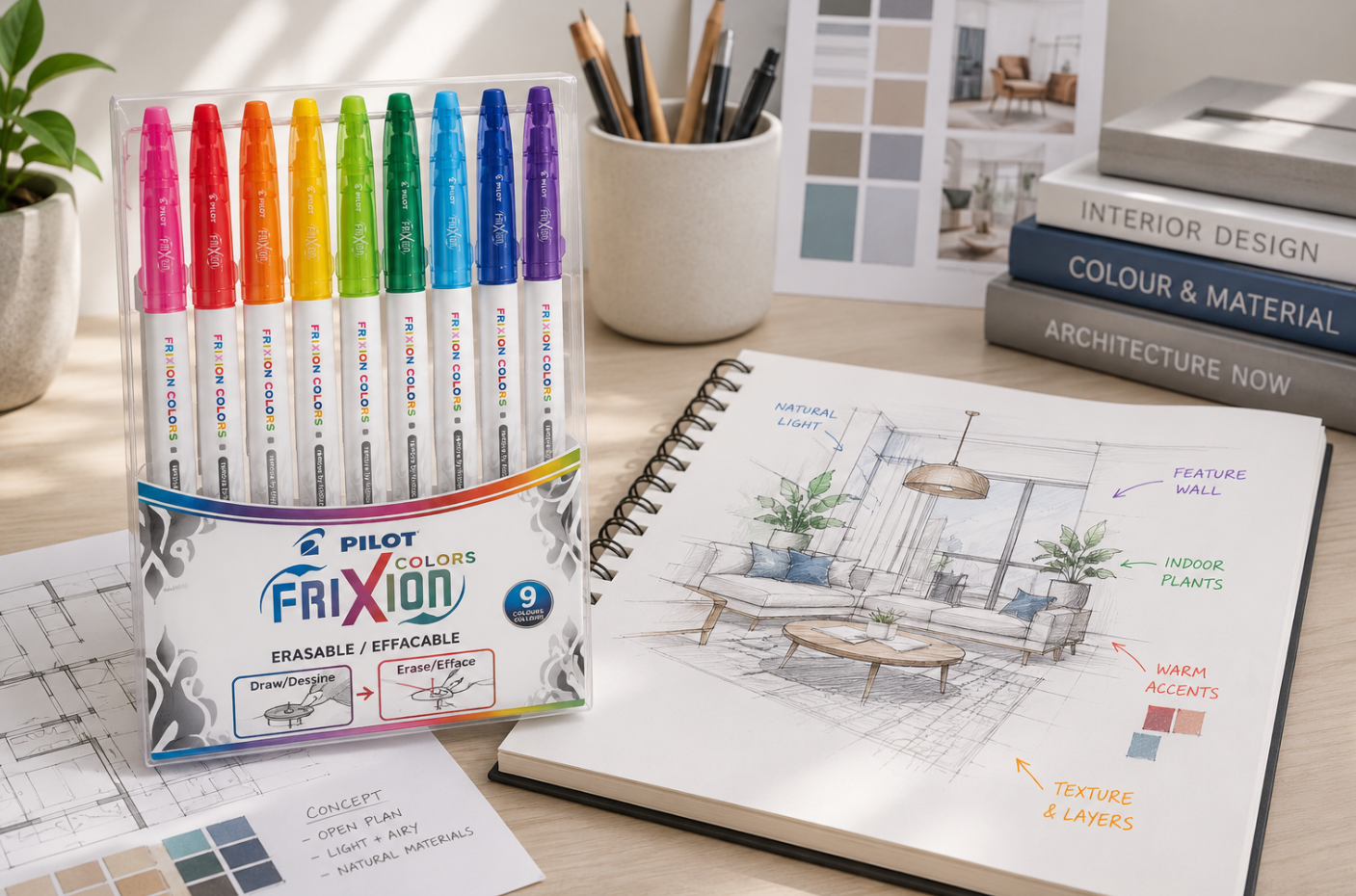 Pilot FriXion Colours erasable markers beside interior design sketches on a bright creative studio desk.