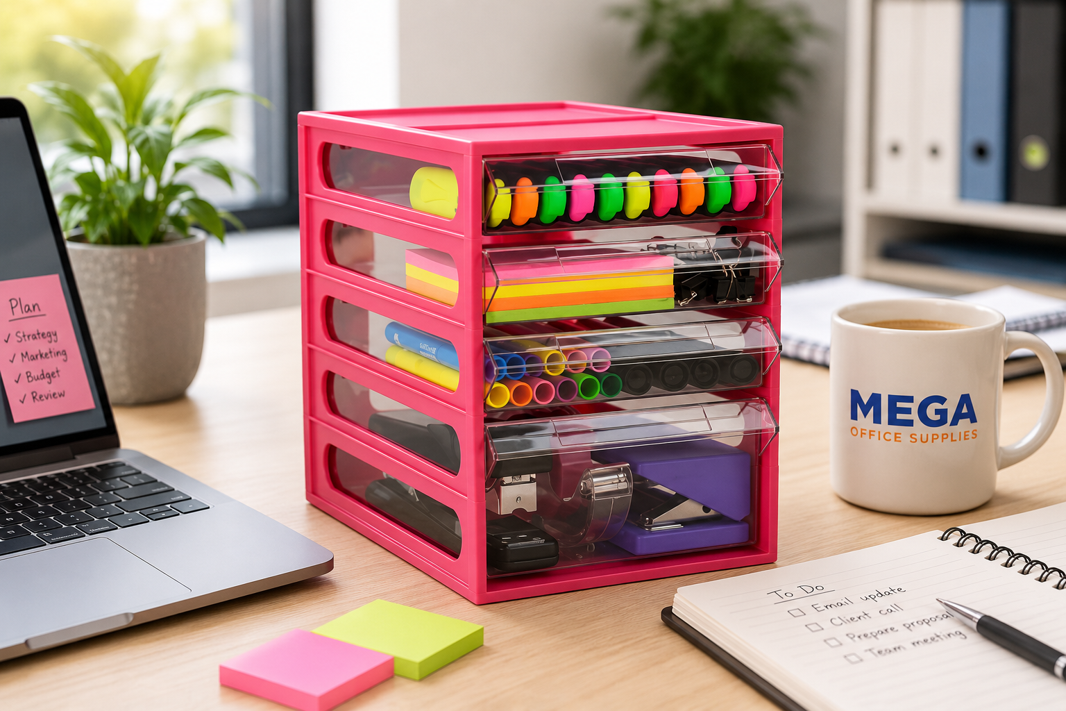 Pink multi-drawer desk organiser filled with colourful stationery in a bright modern office workspace.