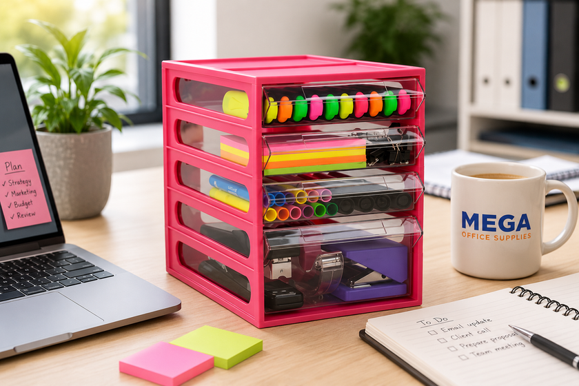 Pink multi-drawer desk organiser filled with colourful stationery in a bright modern office workspace.