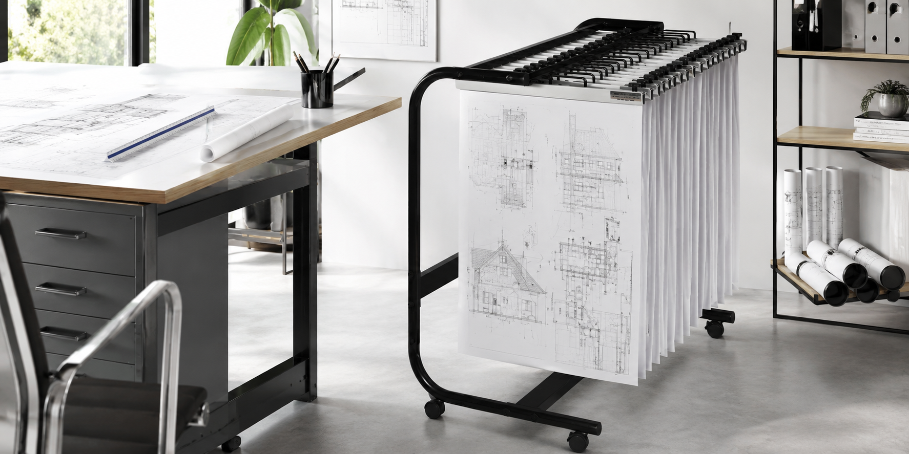 Plan multiclamps on a mobile trolley storing large blueprints and technical drawings in an organised office plan room setting.