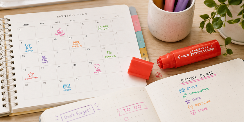 Erasable rubber stamp marker on an organised planner desk with colourful calendar and study notes for planning, reminders and classroom organisation.