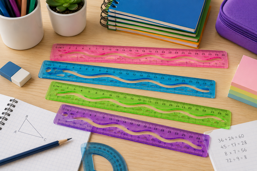 Plastic rulers arranged on a bright study desk with notebooks, pencils and stationery for school, office and everyday measuring tasks.