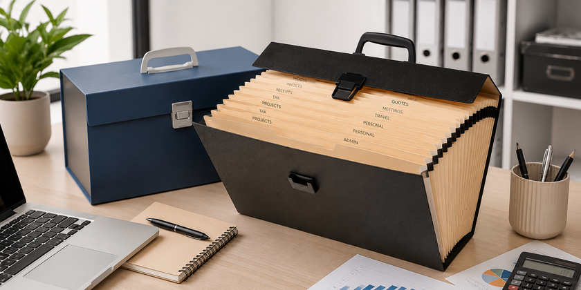 Expanding folder with labelled dividers on a modern office desk for organising invoices, reports and project documents.