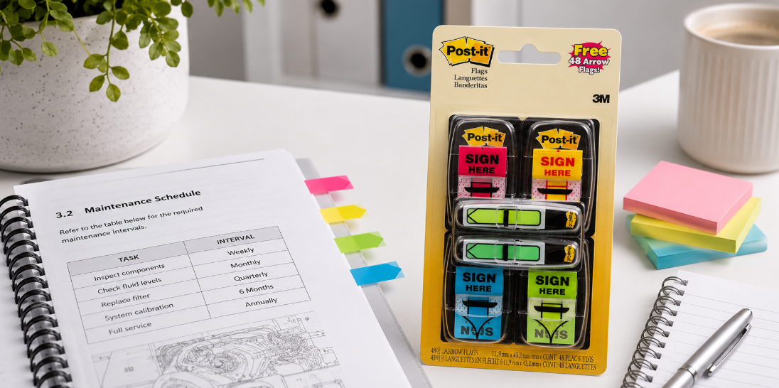 Post-it tape flags marking sections in an office manual on a bright desk with sticky notes and stationery.