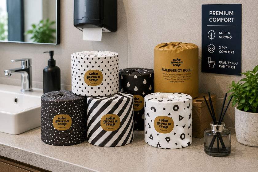 3 ply toilet paper rolls arranged in a clean premium washroom with dispenser, basin, plant and comfort signage.