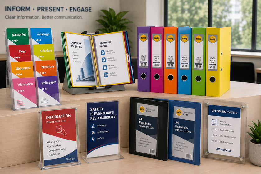 Presentation accessories arranged in a modern reception area with display folders, colourful lever arch files, acrylic sign holders and brochure stands for organised information sharing.