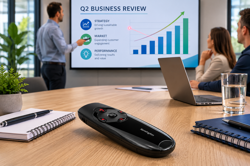 Presentation pointer lying flat on a conference table during a business meeting with a presenter and slide screen in the background.