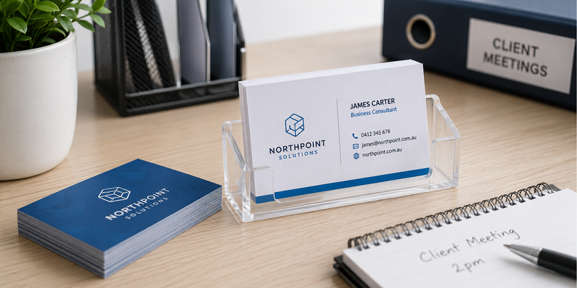 Business cards displayed in a clear holder on a modern office desk for professional client meetings.
