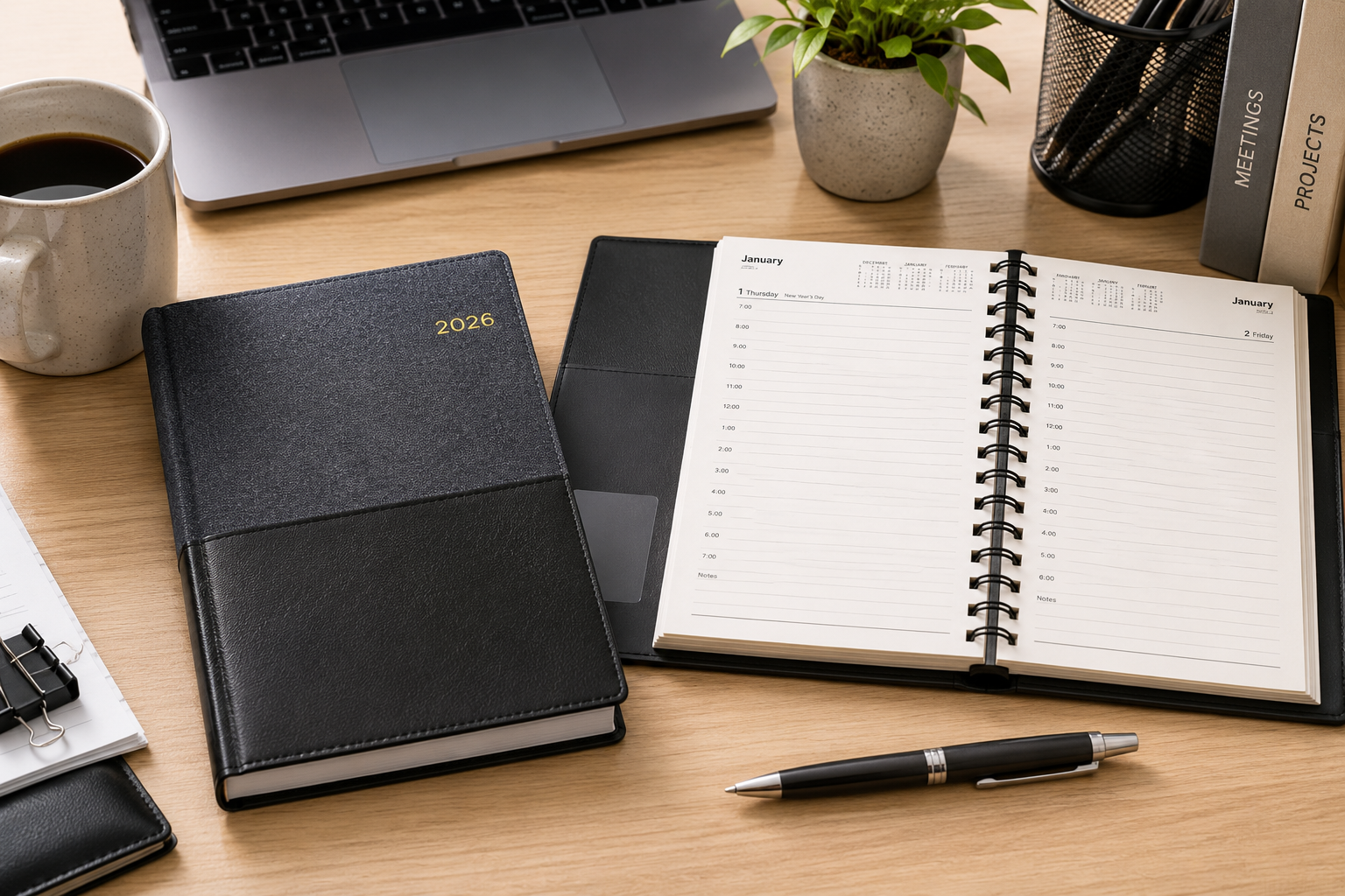 Casebound 2026 diary on a professional office desk with an open planner, pen, laptop and desk accessories.