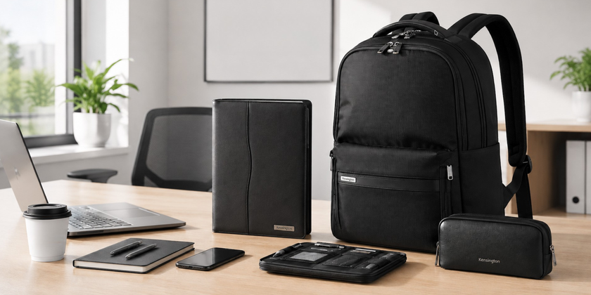 Professional office bag, organiser pouch and work accessories arranged on a modern hot-desk.