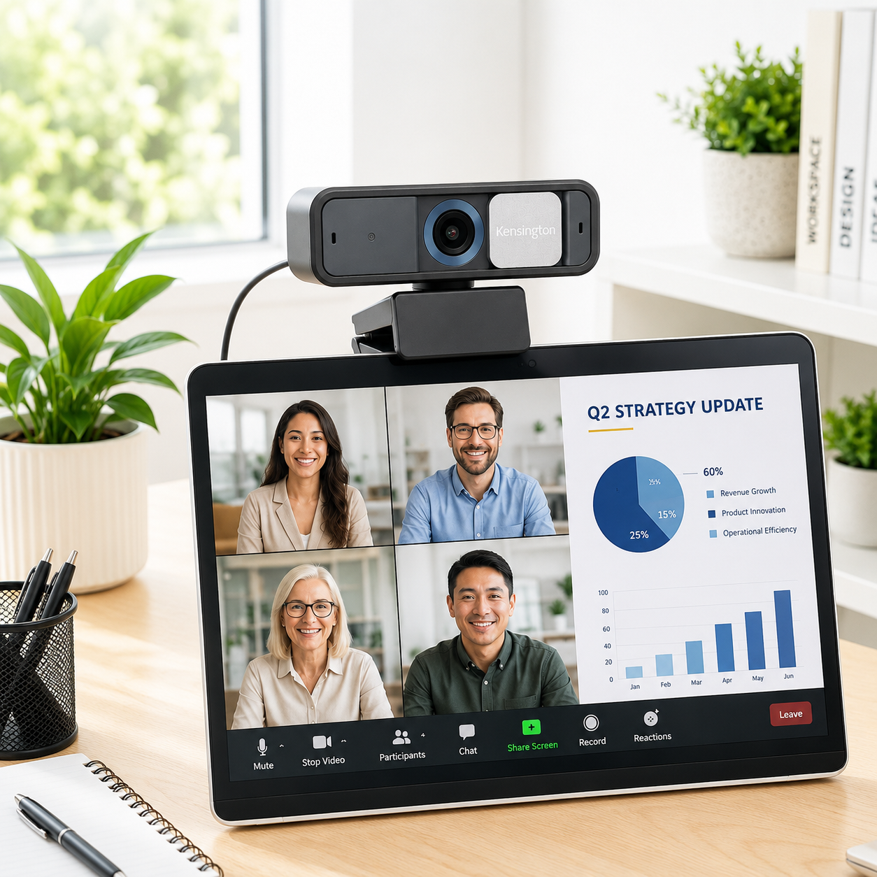Video conferencing webcam mounted on a screen in a bright modern workspace with an online meeting and strategy presentation displayed.