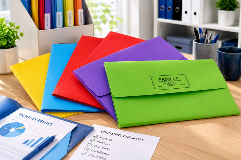 Colourful foolscap document wallets arranged on a bright office desk with reports and a document checklist for organised project filing.