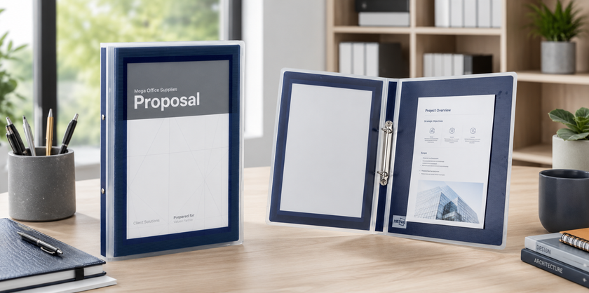 Presentation binder displayed on a modern office desk with proposal documents, stationery and professional workspace accessories.