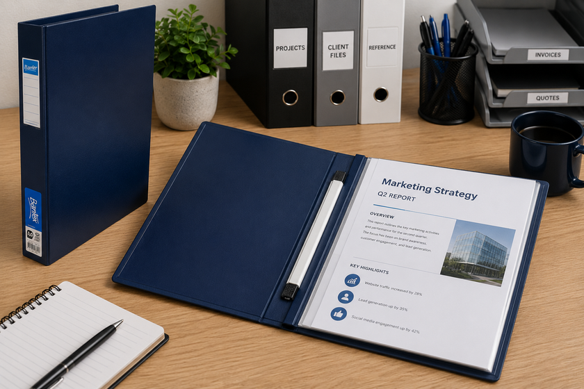 Punchless binders arranged on a professional office desk with protected proposal documents, reports and presentation stationery.