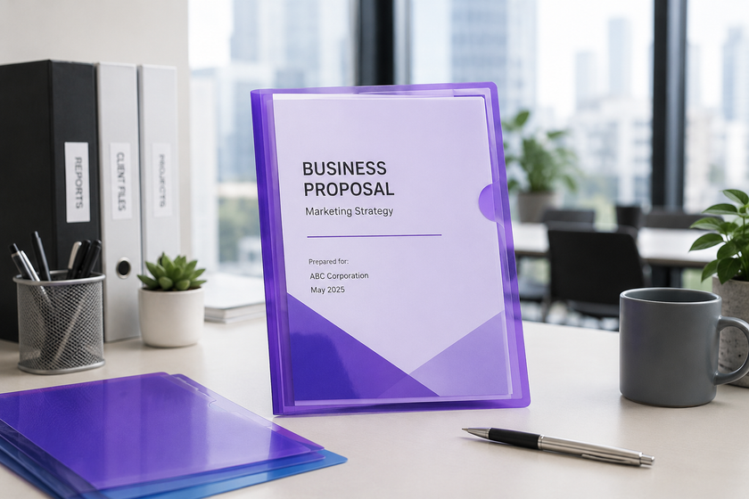 Purple display folder holding a business proposal on a bright modern office desk with binders and stationery.