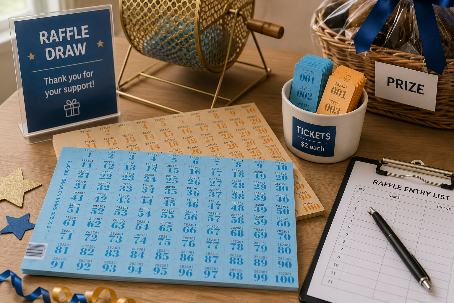 Spinning wheel tickets arranged on a raffle draw table with numbered ticket sheets, entry list, prize basket and event supplies.