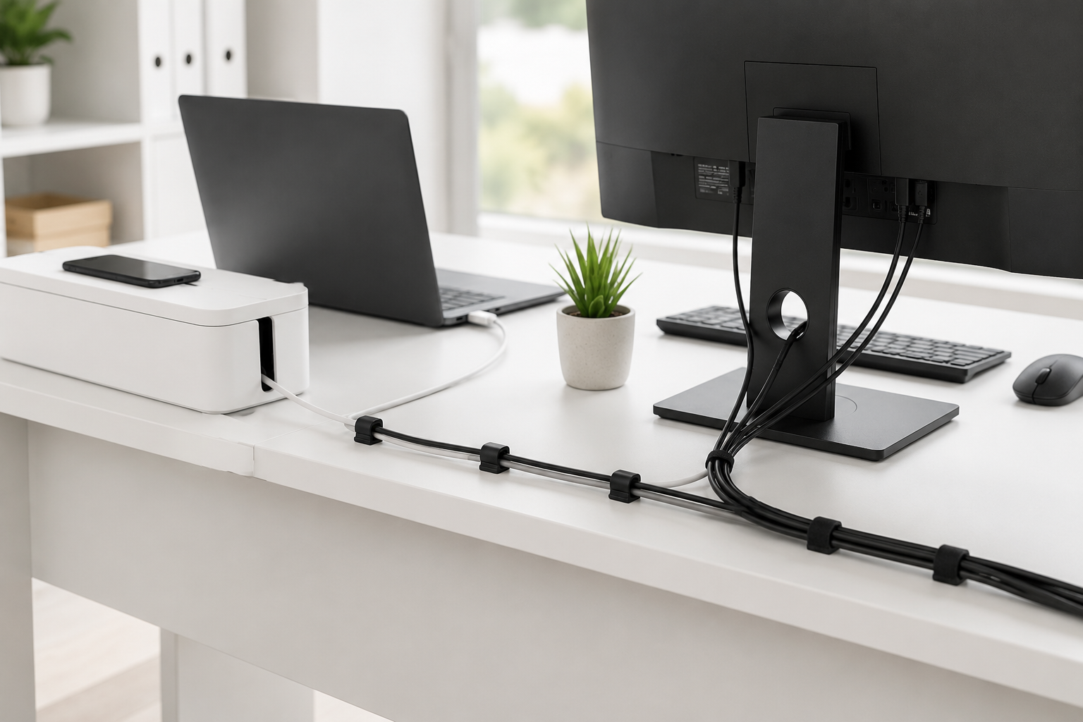 Computer cable organisers arranged along the back of a bright office desk with rear facing monitor cables, laptop, printer and tidy cable clips.